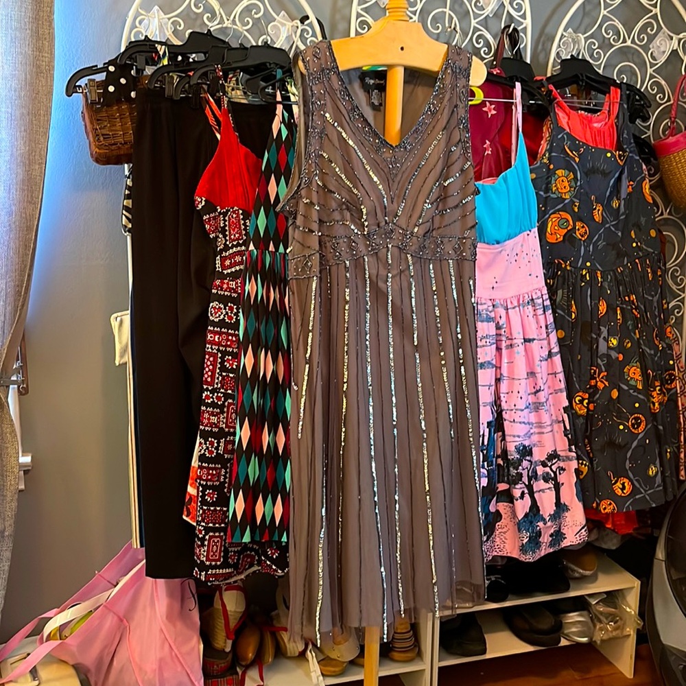Maggie Barns 30’s inspired, gray, beaded knee length sheath dress.